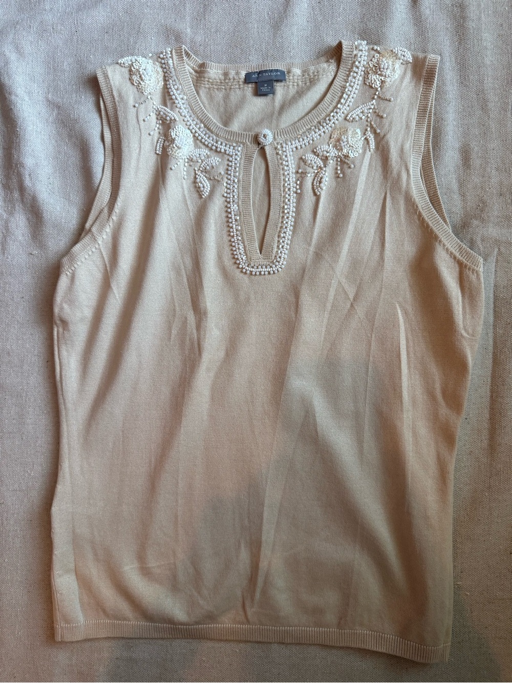 Ann Taylor Cream Beaded Sleeveless Knit Top